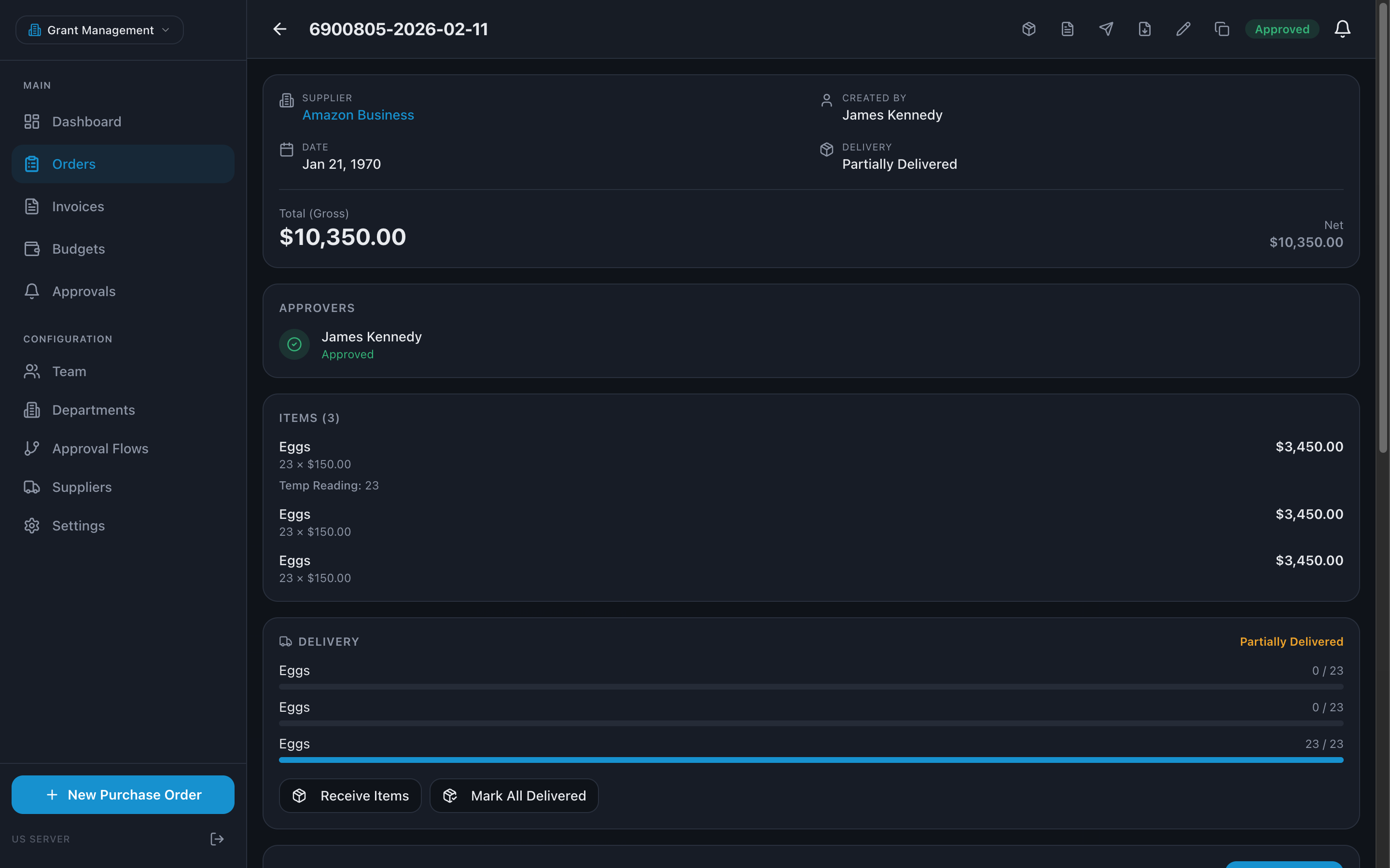 ProcurementExpress purchase order with funding-source split